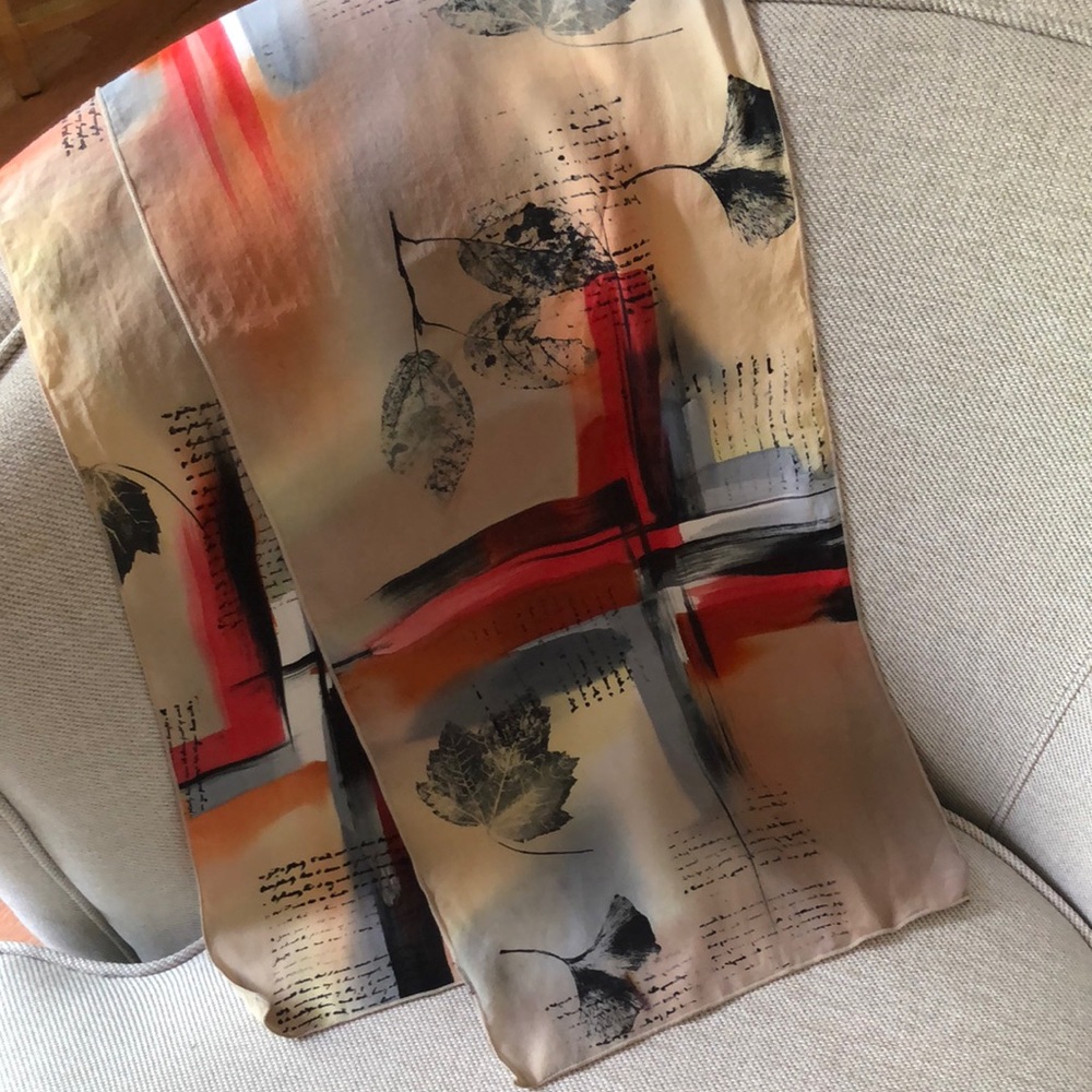 JOANN ALOT Fall Leaves Hand-painted on 100% silk charmeuse Scarf Made in USA